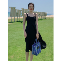 FUJIAXIN 여름 빈티지 나시 원피스 헵번 미니 블랙 스커트 바캉스 비치 스커트