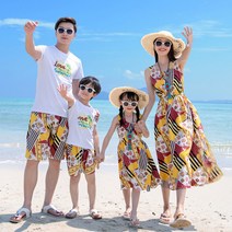 하와이안 여름 가족 여행룩 바캉스 보헤미안 원피스 반팔티 반바지 상하복 비치 패밀리룩