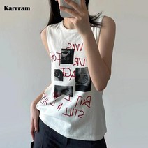 서울빈티지샵 스트릿웨어 Karrram-빈티지 그런지 골이 지게 짠 탱크 탑 패션 그래픽 니트 일본 하라주쿠 화이트 펑크 스트리트웨어 90s