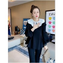 HXT 레이스 빅카라 맨투맨 봄가을 여성 배색 퍼프 빅사이즈 풀오버 티셔츠