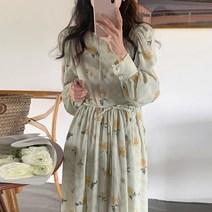 플라워 쉬폰 원피스 롱 Gaganight 여성 쉬폰 꽃 스퀘어 칼라 싱글 브레스트 드레스