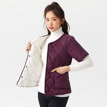 이너 양털 안감 반팔 패딩 여성 겨울 외투 내피 경량 솜털 보온 이너 격자 깔깔이 점퍼 노 카라