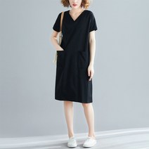 에블 대박걸 앞 사각 더블 포켓 브이넥 반팔 여름 캐주얼 미디 원피스