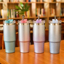 이중 스텐 빨대 텀블러 대용량 보온보냉 보온병, 녹색, 887ml