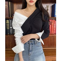 피메일 오프숄더 커프스 트임 배색 블라우스