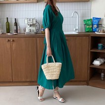 마롱패션 브이넥 인버티드 플리츠 린넨 면혼방 원피스 마 베이