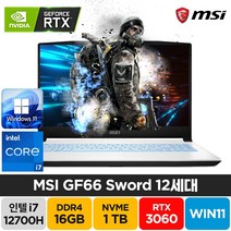 MSI Sword GF66 A12UE 인텔 12세대 i7-12700H RTX3060 윈도우11 배그 주식 고성능 게이밍 노트북, GF66 Sword, WIN11 Home, 16GB, 1TB, 코어i7, 화이트