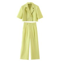 여성 바지정장세트 우영우정장 키작은 빅사이즈 정장바지 정장 여름 세트 여성 조각 캐주얼 반팔 투 버튼 크롭 재킷 블레이저 + 긴 바지 스타일