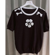 여성블라우스 꽃무늬블라우스 여름블라우스 레이스블라우스 2022 반팔 o 넥 대비 컬러 드릴 입체 플라워 풀오버 보우 얇은 스웨터 니트 티셔츠