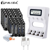 PALO-인기 AA 배터리 3000mah 1.2v AAA 충전식 1100mah 스마트 충전기 Ni-MH Aaa 장난감 건전지, 1.2V_16AA AAA and charger