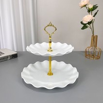 3단디저트트레이 3단 2단 접시 트레이 유럽식 플라스틱 다층 과일 거실 티테이블 캔디 프론트 세련된 케이크 과자 선반, 02 흰꽃잎이중금왕관