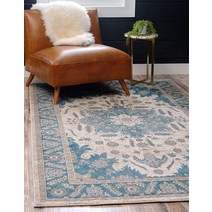 Unique Loom Salzburg Collection 클래식 전통 디자인 동양에서 영감을 받은 테두리 부분 러그 61 x 91.4cm(2 x 3피트) 베이지/블루