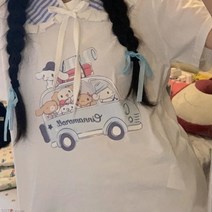 [한손에요]반팔 티셔츠 여성 2022 여름 일본식 산리오 Cinnamoroll 만화 프린트 루즈 탑 패션 티즈 카와이 걸스, 화이트, M