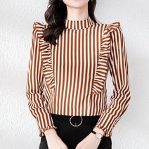 타이블라우스 리본 프릴 흰 s 패치 워크 스트라이프 쉬폰 블라우스 여성 소매 봄 가을 스탠드 여자 의류