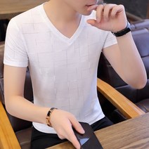 남성 t살얼음판 V깃유행 여름 뉴타입 반소매 티셔츠 단소, T03-XL, C01-화이트색