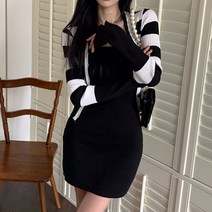 [랜덤플레이] 무지 끈나시원피스 + 스트라이프 가디건 세트