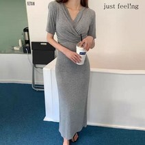just feel!ng 여성용 심플 베이직 허리 슬림 원피스 브이넥 반팔 랩스커트 여성 랩스타일 정장원피스 예쁜 롱스커트