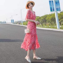 여름 잔꽃 시폰 브이넥 반팔 롱원피스+1PCS 브랜드 커스텀 양말