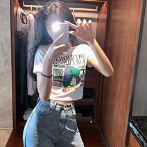 프린트 반팔 티셔츠 여 숏 톱 디자인 소소한 여름날씬해 보이는 상의 루즈핏 티셔츠