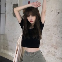 여성 반팔티 티셔츠 슬림 핏 반소매 여자반팔티셔츠 크롭 T 스퀘어 넥 인박카046