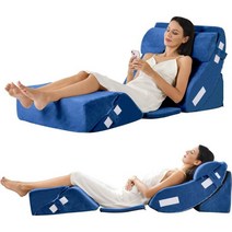 6피스 정형외과 침대 웨지 베개 세트 수술 후 조절 가능한 메모리 폼 웨지 등 목 및 다리 완화 속쓰림 코골이 방지 위산 역류 수면용 - 세탁기 세탁 커버, 네이비 블루