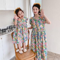해외플라워 여아 여름 반팔 원피스 퍼프 주름 a라인 롱원피스 엄마랑딸 커플