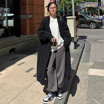 꽈배기니트가디건 클래식 겨울 가을 하프기장 와이드 루즈핏 두꺼운 브이넥 긴 소매 블랙코트 3455706305