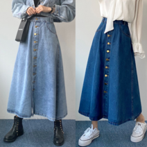 에이스토리 캐주얼 A라인 플레어 데님 롱스커트 단추 청치마 66 77사이즈