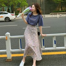 예쁜여자필수 여름니트투피스 퍼플 잔꽃 반팔티 롱치마 세트 스커트 매력적인멋짐