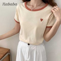 나바바 NT353 여성 심플 하트 배색 반팔 티셔츠