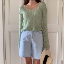 퍼니걸스 6479 데일리 루즈핏 브이넥 그물 긴팔 니트 여성의류