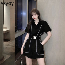 vsyoy 코일 스트라이프 점프 수트 반팔 점프 수트