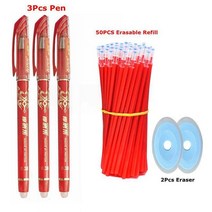 지울 수 있는 젤 펜 세트 바늘 리필 지우개 세척 가능한 핸들 사무실 액세서리 학교 문구 용품 55 개, [06] Red 3 50 2