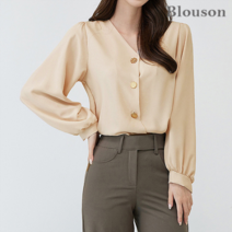 블루종 브이넥 노카라 버튼 블라우스_B2302BL901A