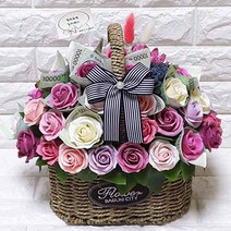 수앤로즈플라워 비누꽃바구니 50송이 병문안선물 개업선물 부모님결혼기념일선물, 50송이-장미