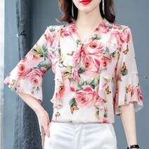 우아한 플라워 패턴 리본 프릴 빅사이즈 2컬러 S-3XL 21jn0259 꽃무늬 칠부 여성 블라우스