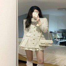 가을 데이트 트위드원피스 돌잔치 하객룩 상견례 추석 미니 드레스 원피스 한국 트위드 플리츠 긴 소매 싱글 브레스트 러플 패션 오피스 소녀 스위트 빈티지