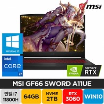 MSI GF시리즈 Sword GF66 RTX3060 윈도우10 주식 고사양 게이밍 노트북, A11UE, WIN10 Pro, 64GB, 2TB, 코어i7, 블랙