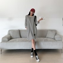 여자 봄 가을 스트라이프 단가라 오버핏 롱 원피스