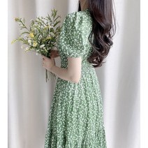 2color 여름 브이넥 시원한소재 콩단추 플라워 퍼프 캉캉 롱원피스 바캉스 신혼여행룩