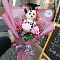 지나로즈 곰돌이학사모인형 비누꽃다발 졸업식 축하꽃다발, 핑크꽃다발