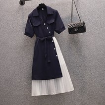 셔츠 배색 쉬폰 롱 원피스 브이넥 허리 랩 리본 스커트 체형 보정 여름 데일리룩 데이트룩 빅사이즈