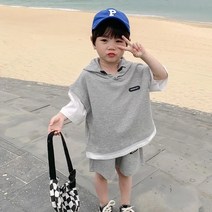 유아여름옷 아동복 세트 반팔 후드 셔츠 숏 코튼 여름 아기 소년 복장 2 개
