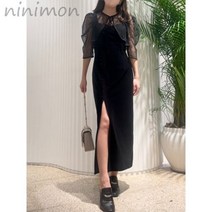 니몬 레이스 볼레로 레이어드 타이트 슬릿 드레스 자수 분리형 케이프 칼라 슬림 미디 가을