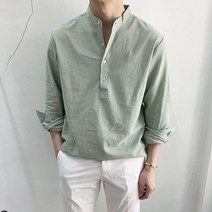 라운지21 루즈핏 반오픈 린넨 헨리넥 셔츠