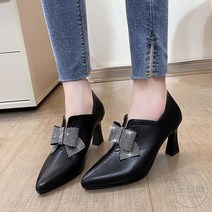 도오빠 여성 가죽 부츠 7cm 키높이 하이힐 포인티드토 리본 큐빅 중년 여자부츠 신발