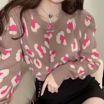 기본 라운드 레오파드 패턴 니트 가디건 핑크 브라운