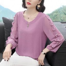 여성블라우스 물결 진주 무늬 장식 시폰 M2XL 우아한 여자 봄 가을 긴 소매 셔츠