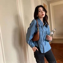 빈티지데님셔츠 클래식 보이핏 볼륨 유행 여성 봄가을 디자인감각 와이셔츠 BF 눈길을 끄는 얇은 코트 4807656361
