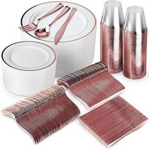 Stately Elegance Designs 365866 600피스 로즈 골드 식기 세트 200개의 화이트 플라스틱 접시 300개의 100개의 컵 파티용 일회용 100명의 손님, 100 Guest Set, Rose Gold